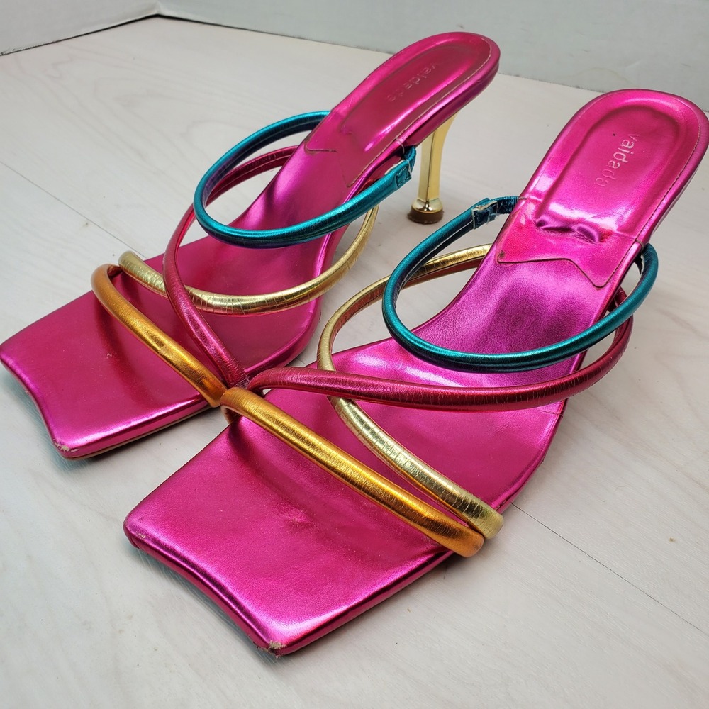 Vaidada Women's Pink Metallic Strappy Heeled Sandals Size 10